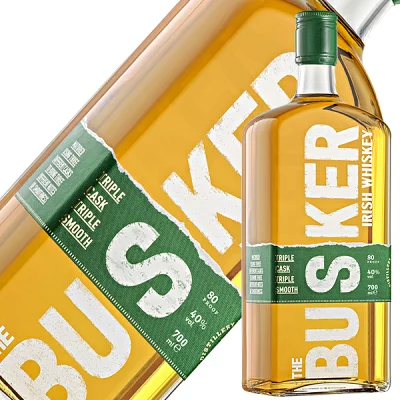 ザ・バスカー アイリッシュウイスキーのボトルと外箱。販売店の提供画像